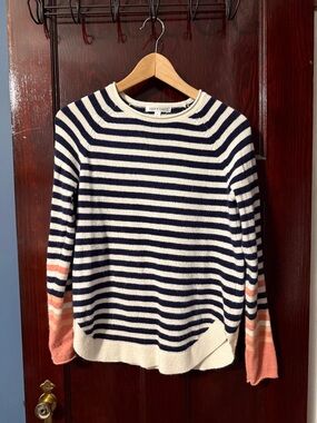 DownEast Navy & White Striped Crew Sweater with Pink Cuffs